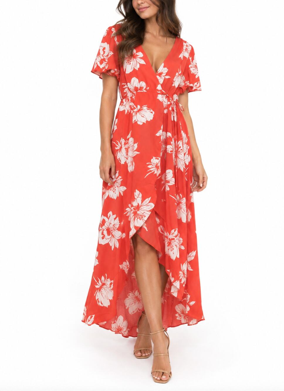 Francesca's Mi Ami Dawn Coral Pink Floral Wrap Front Maxi Dress Size Large